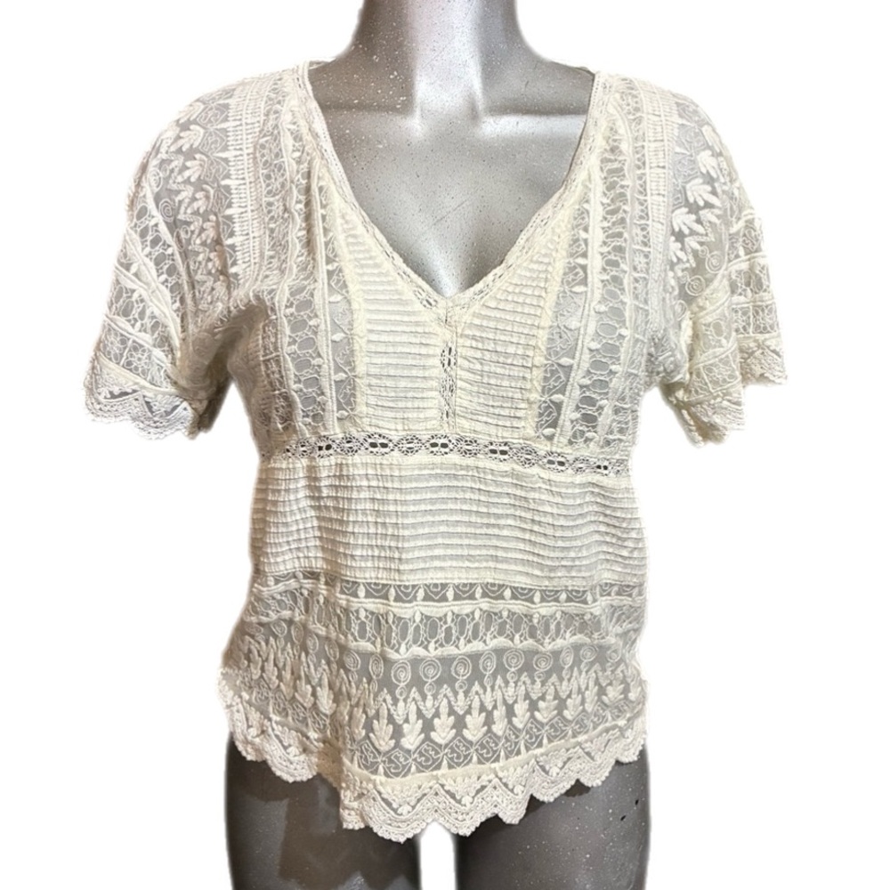 Zara Cream Eyelet Milkmaid Lace V-Neck Blouse Top Size Medium Boho-Chic Romantic